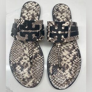 Sz 9.5 M Women Tory Burch Leather Leigh Thong Flat Sandals In Snake EUC
